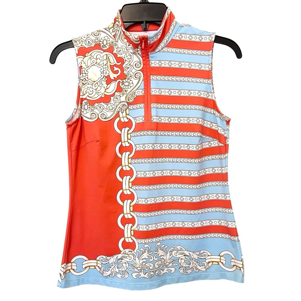 J MCLAUGHLIN Orange Blue Nautical 1/4 Zip Sleeveless Top Catalina Golf Tennis XS
